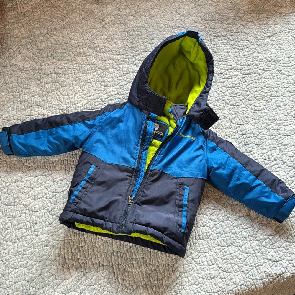 Weatherproof, 18 month boy, blue neon, green winter jacket, zip, hooded